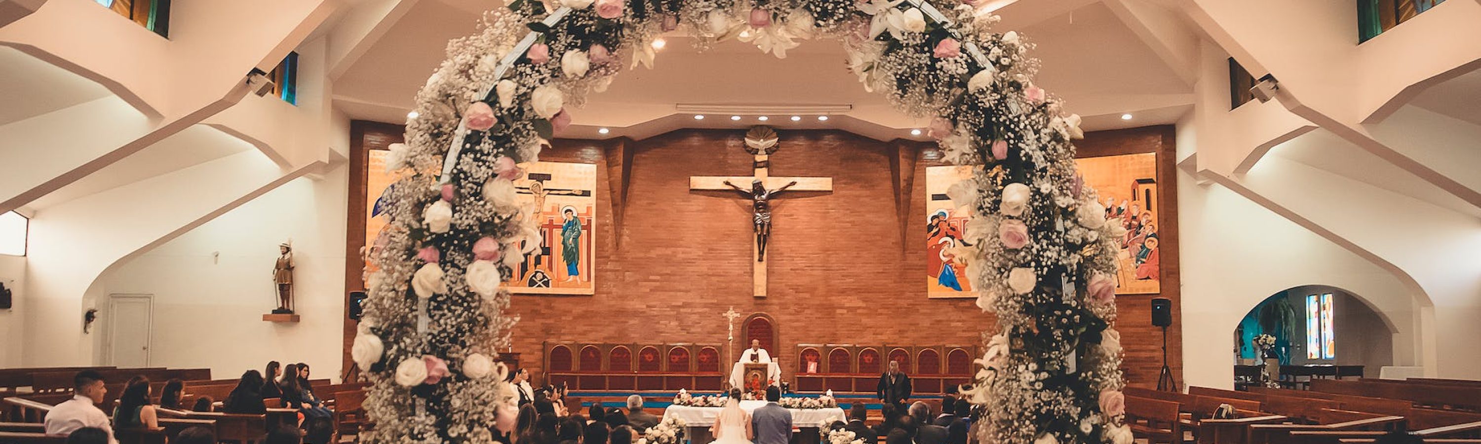 bride and groom inside the church with wedding setup